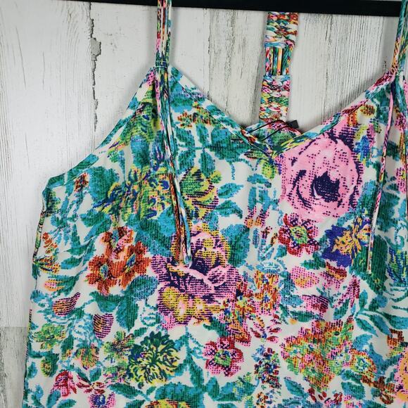 NWT Color Block Floral Printed Fringed Racerback Tank Top Women's Size Large - Picture 3 of 10